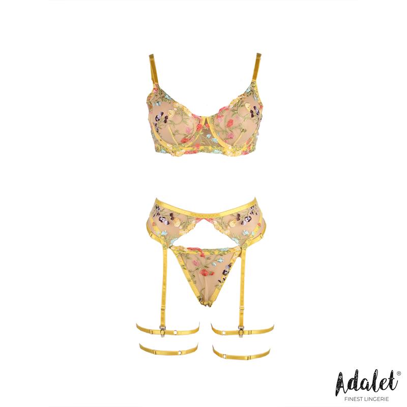 Zoey Set Sujetador Tanga Liguero y Ligas Amarillo Floral